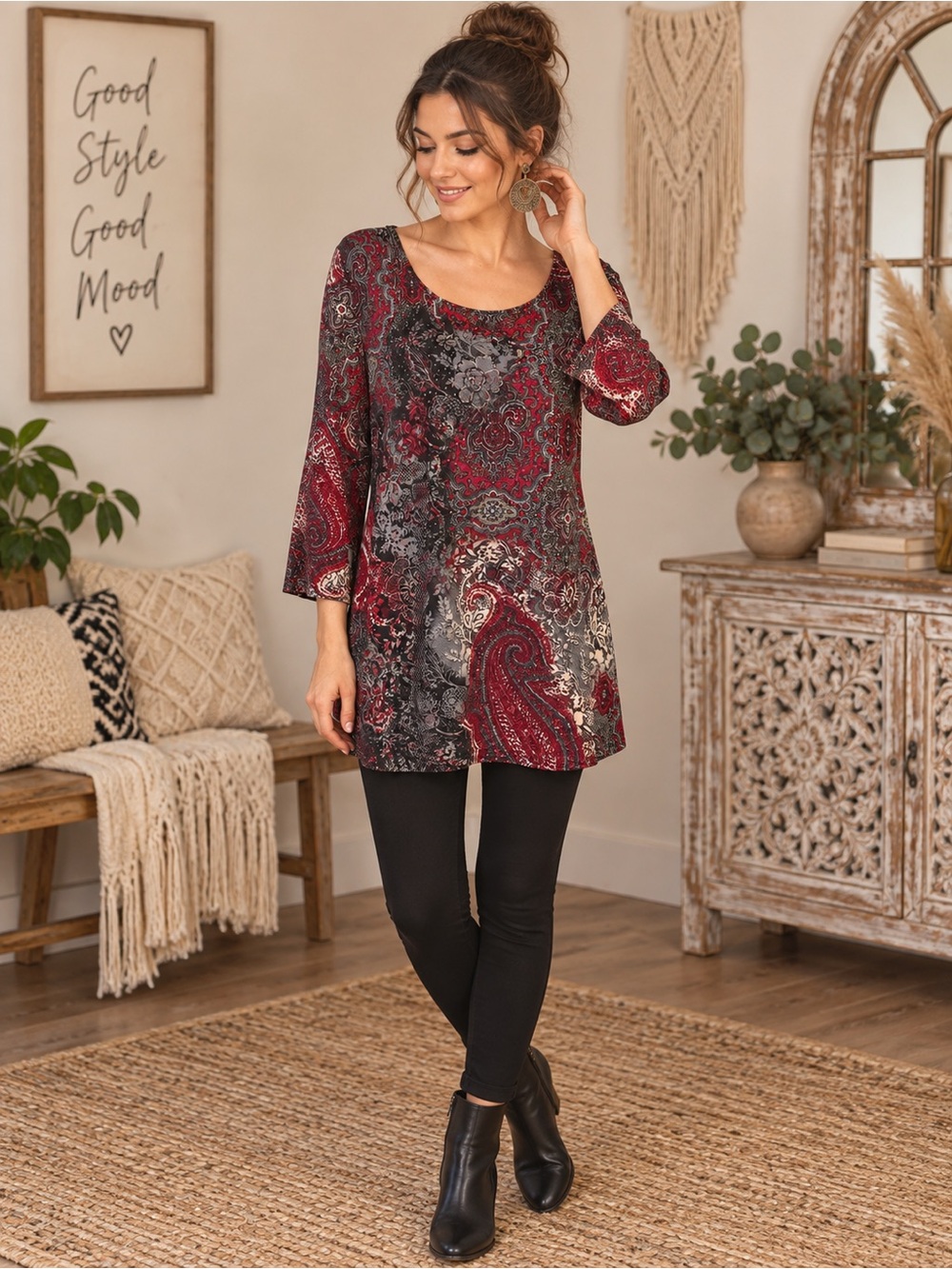 Brittany Black Paisley Tunic Top Size Large Red Black Boho Bell Sleeve